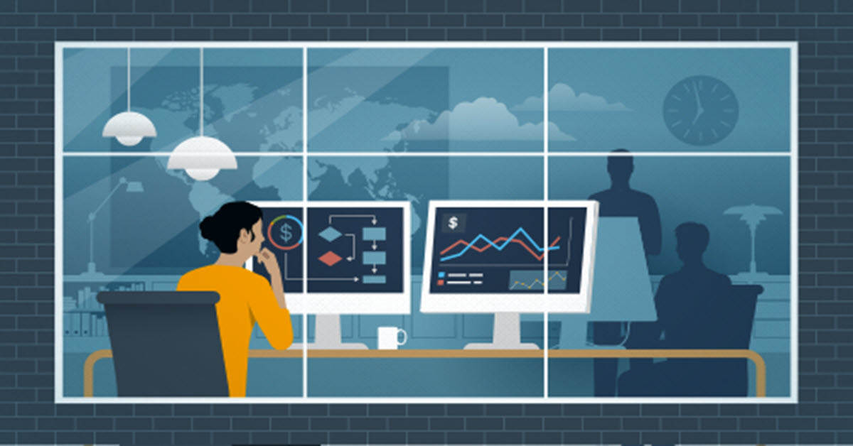 Illustration of woman sitting at desk in front of 2 computer monitors.
